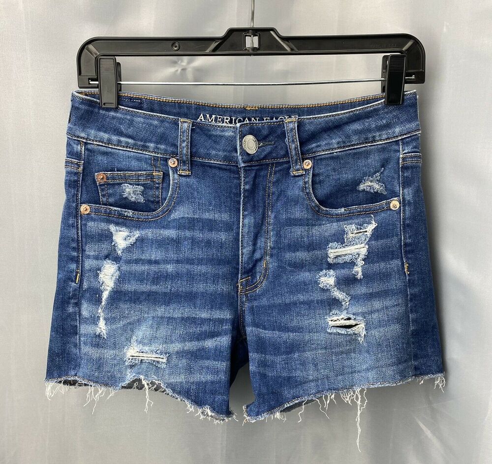 American Eagle Shorts 4 Hi-Rise Shortie Blue Denim Jean Distressed Raw Hems